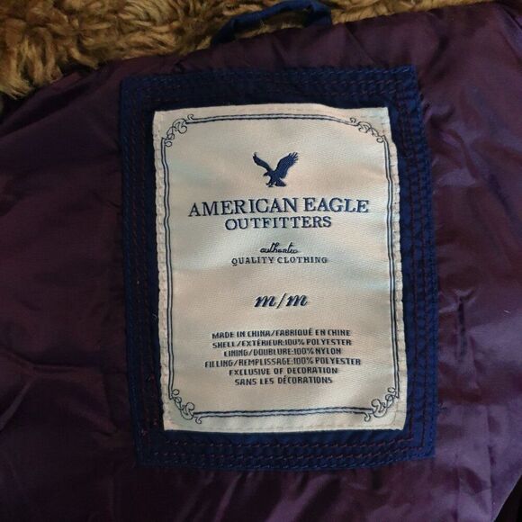 American Eagle Womens Hooded Vest M Blue Puffer Vest Faux Fur Hood - Picture 5 of 10